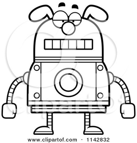Cartoon Clipart Of A Black And White Bored Dog Robot - Vector Outlined Coloring Page by Cory Thoman