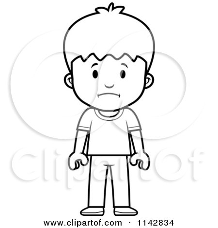 Cartoon Clipart Of A Black And White School Boy With A Sad Expression - Vector Outlined Coloring Page by Cory Thoman