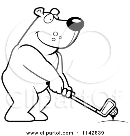 Cartoon Clipart Of A Black And White Golfing Bear Holding The Club Against The Ball On The Tee - Vector Outlined Coloring Page by Cory Thoman
