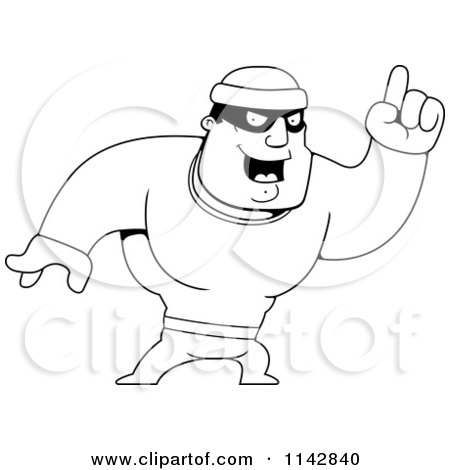 Cartoon Clipart Of A Black And White Male Robber Pointing Up - Vector Outlined Coloring Page by Cory Thoman