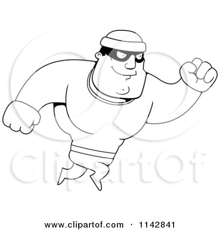 Cartoon Clipart Of A Black And White Jumping Male Robber - Vector Outlined Coloring Page by Cory Thoman