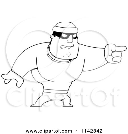 Cartoon Clipart Of A Black And White Pointing Male Robber - Vector Outlined Coloring Page by Cory Thoman