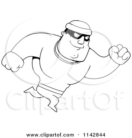 Cartoon Clipart Of A Black And White Running Male Robber - Vector Outlined Coloring Page by Cory Thoman