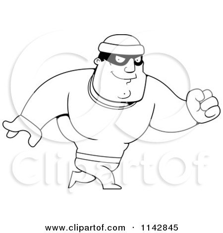 Cartoon Clipart Of A Black And White Walking Male Robber - Vector Outlined Coloring Page by Cory Thoman