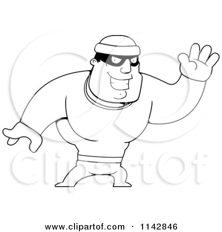 Cartoon Clipart Of A Black And White Waving Male Robber - Vector Outlined Coloring Page by Cory Thoman