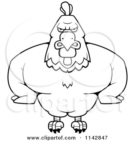 Cartoon Clipart Of A Black And White Muscular Rooster - Vector Outlined Coloring Page by Cory Thoman