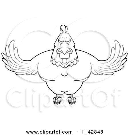Cartoon Clipart Of A Black And White Muscular Rooster Flying - Vector Outlined Coloring Page by Cory Thoman