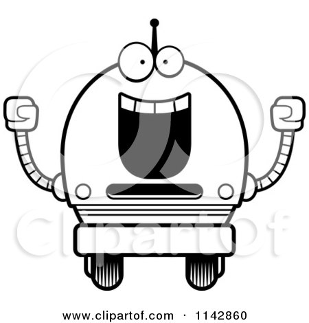 Cartoon Clipart Of A Black And White Cheering Robot Boy - Vector Outlined Coloring Page by Cory Thoman