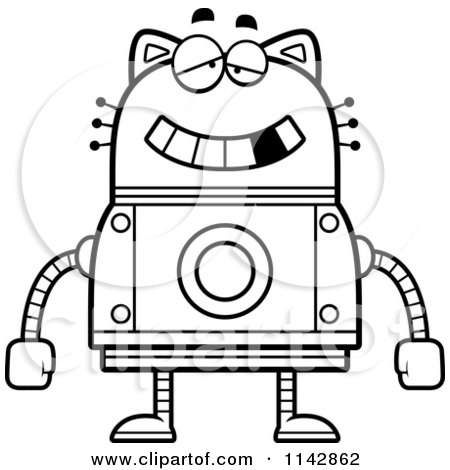 Cartoon Clipart Of A Black And White Dumb Robot Cat - Vector Outlined Coloring Page by Cory Thoman