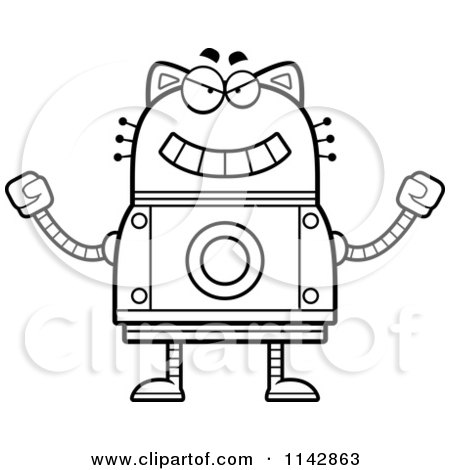 Cartoon Clipart Of A Black And White Evil Robot Cat - Vector Outlined Coloring Page by Cory Thoman
