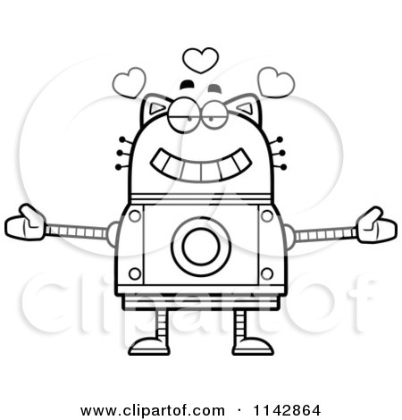 Cartoon Clipart Of A Black And White Loving Robot Cat - Vector Outlined