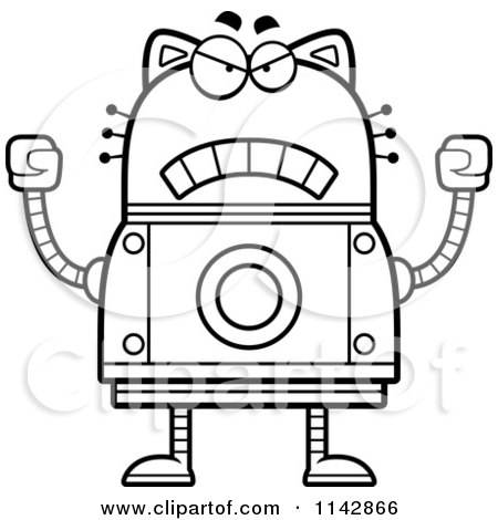 Cartoon Clipart Of A Black And White Mad Robot Cat - Vector Outlined Coloring Page by Cory Thoman