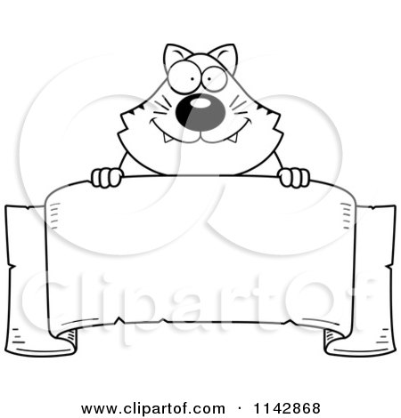 Cartoon Clipart Of A Black And White Chubby Cat Over A Banner - Vector Outlined Coloring Page by Cory Thoman