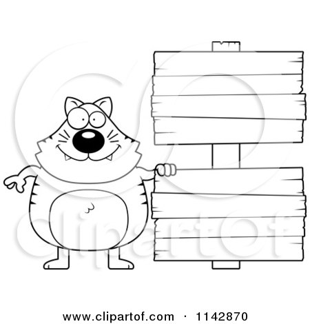 Cartoon Clipart Of A Black And White Cat With Wooden Signs - Vector Outlined Coloring Page by Cory Thoman