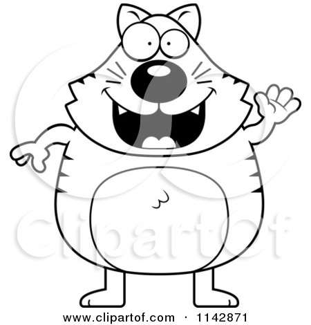 Cartoon Clipart Of A Black And White Cat Waving - Vector Outlined Coloring Page by Cory Thoman