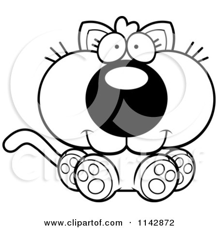 Cartoon Clipart Of A Black And White Cute Sitting Kitten - Vector Outlined Coloring Page by Cory Thoman