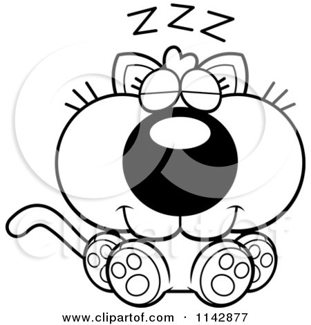 Cartoon Clipart Of A Black And White Cute Kitten Napping - Vector Outlined Coloring Page by Cory Thoman