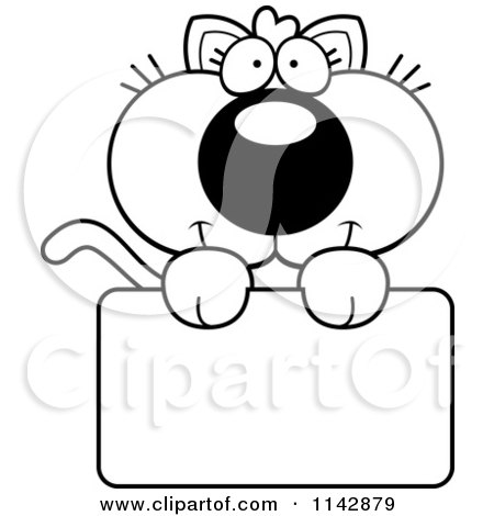 Cartoon Clipart Of A Black And White Cute Kitten Holding A Blank Sign - Vector Outlined Coloring Page by Cory Thoman
