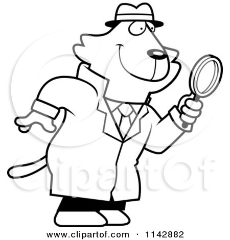 Cartoon Clipart Of A Black And White Cat Detective Using A Magnifying Glass - Vector Outlined Coloring Page by Cory Thoman