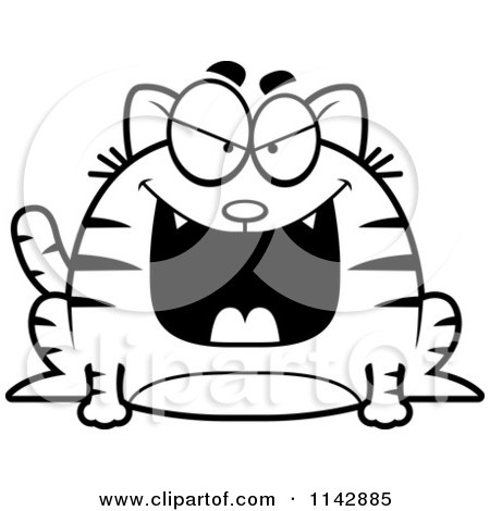 Cartoon Clipart Of A Black And White Chubby Evil Tabby Cat - Vector Outlined Coloring Page by Cory Thoman