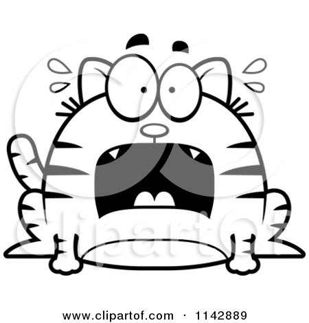 Cartoon Clipart Of A Black And White Chubby Scared Tabby Cat - Vector Outlined Coloring Page by Cory Thoman