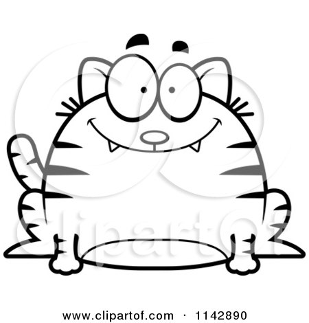 Cartoon Clipart Of A Black And White Chubby Smiling Tabby Cat - Vector Outlined Coloring Page by Cory Thoman