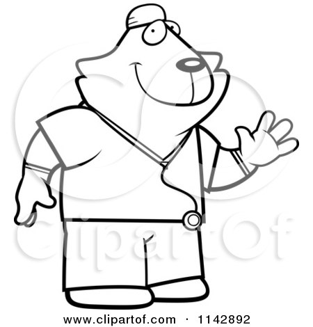 Cartoon Clipart Of A Black And White Cat Surgeon Doctor In Scrubs - Vector Outlined Coloring Page by Cory Thoman