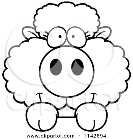 Cartoon Clipart Of A Black And White Cute Baby Sheep Looking Over A Surface - Vector Outlined Coloring Page by Cory Thoman