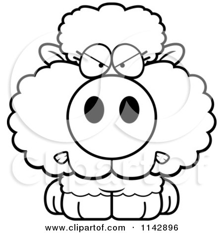 Cartoon Clipart Of A Black And White Mad Baby Sheep - Vector Outlined Coloring Page by Cory Thoman