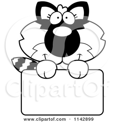 Cartoon Clipart Of A Black And White Cute Baby Raccoon Holding A Sign - Vector Outlined Coloring Page by Cory Thoman