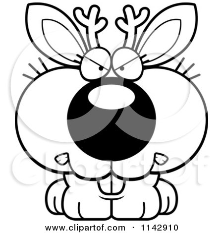 Cartoon Clipart Of A Black And White Cute Jackalope With A Mad Expression - Vector Outlined Coloring Page by Cory Thoman