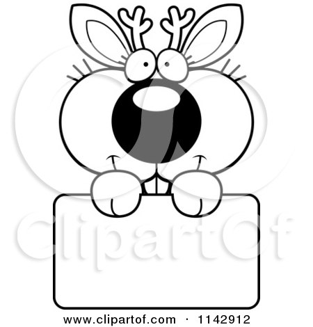 Cartoon Clipart Of A Black And White Cute Jackalope Holding A Sign - Vector Outlined Coloring Page by Cory Thoman