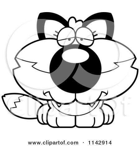 Cartoon Clipart Of A Black And White Cute Sad Fox - Vector Outlined Coloring Page by Cory Thoman