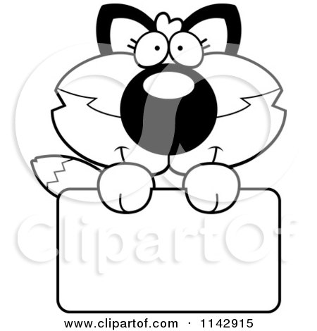 Cartoon Clipart Of A Black And White Cute Fox Holding A Sign - Vector Outlined Coloring Page by Cory Thoman