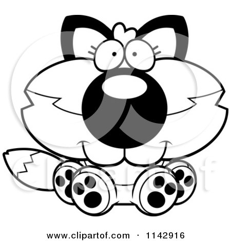 Cartoon Clipart Of A Black And White Cute Sitting Fox - Vector Outlined Coloring Page by Cory Thoman
