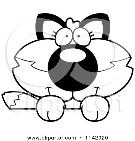 Cartoon Clipart Of A Black And White Cute Fox Over A Surface - Vector Outlined Coloring Page by Cory Thoman