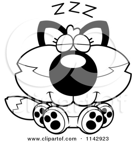 Cartoon Clipart Of A Black And White Cute Napping Fox - Vector Outlined Coloring Page by Cory Thoman