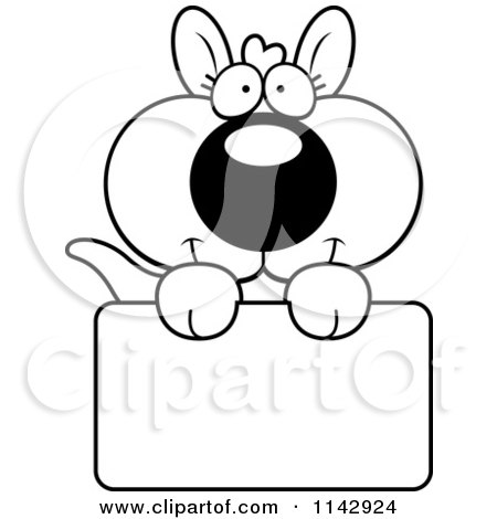 Cartoon Clipart Of A Black And White Cute Kangaroo Holding A Sign - Vector Outlined Coloring Page by Cory Thoman