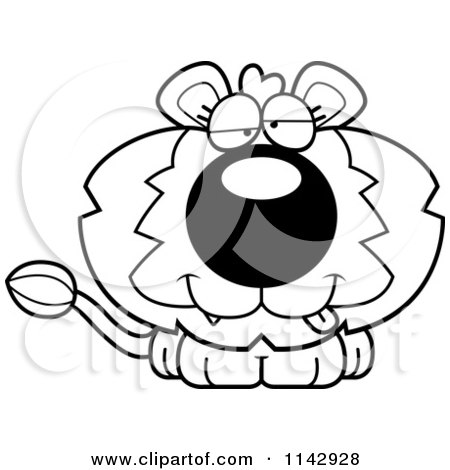 Cartoon Clipart Of A Black And White Cute Dumb Lion - Vector Outlined ...