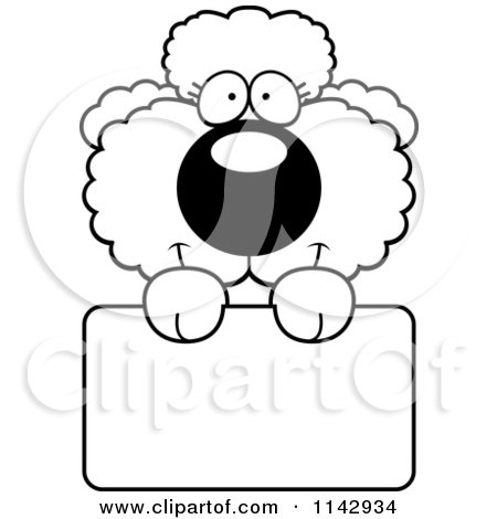 Cartoon Clipart Of A Black And White Cute Poodle Puppy With A Sign - Vector Outlined Coloring Page by Cory Thoman