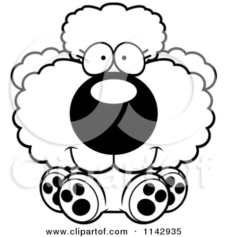Cartoon Clipart Of A Black And White Cute Poodle Puppy Sitting - Vector Outlined Coloring Page by Cory Thoman
