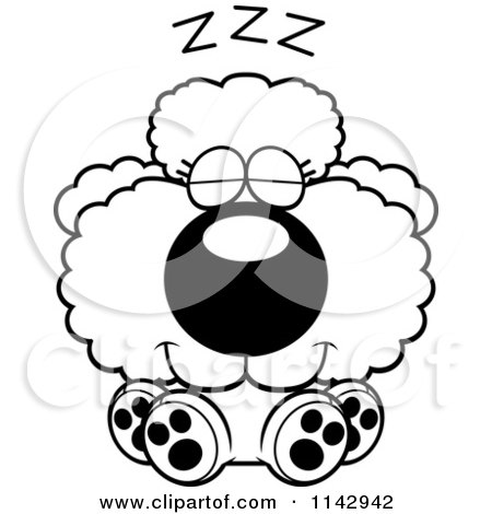Cartoon Clipart Of A Black And White Cute Poodle Puppy Sleeping - Vector Outlined Coloring Page by Cory Thoman