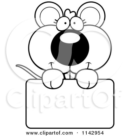 Cartoon Clipart Of A Black And White Cute Mouse Holding A Sign - Vector Outlined Coloring Page by Cory Thoman