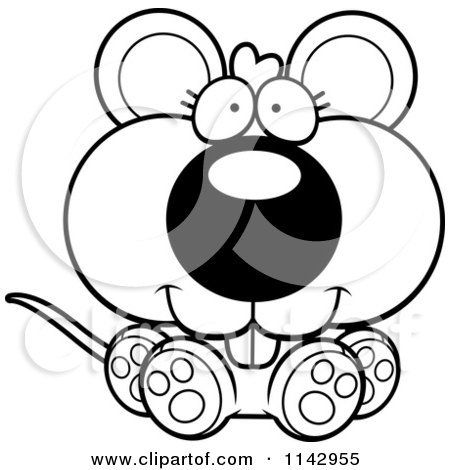Cartoon Clipart Of A Black And White Cute Sitting Mouse - Vector Outlined Coloring Page by Cory Thoman