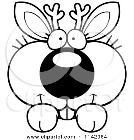 Cartoon Clipart Of A Black And White Cute Jackalope Looking Over A Surface - Vector Outlined Coloring Page by Cory Thoman