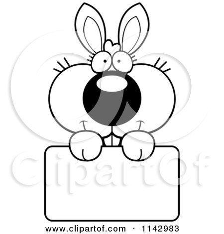 Cartoon Clipart Of A Black And White Cute Bunny Holding A Sign - Vector Outlined Coloring Page by Cory Thoman