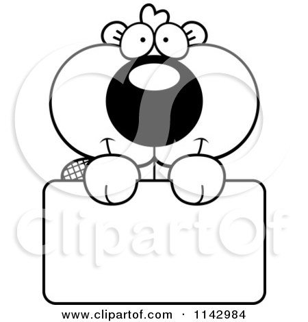 Cartoon Clipart Of A Black And White Cute Beaver Holding A Sign - Vector Outlined Coloring Page by Cory Thoman
