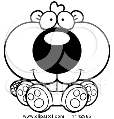 Cartoon Clipart Of A Black And White Cute Sitting Beaver - Vector Outlined Coloring Page by Cory Thoman