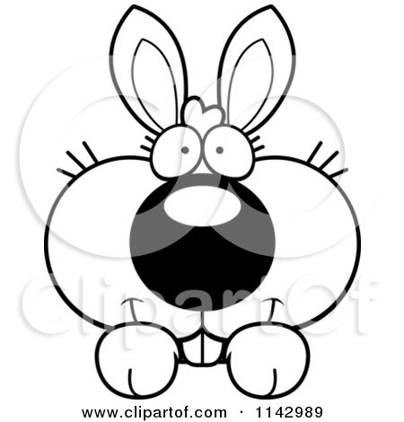 Cartoon Clipart Of A Black And White Cute Bunny Looking Over A Surface - Vector Outlined Coloring Page by Cory Thoman