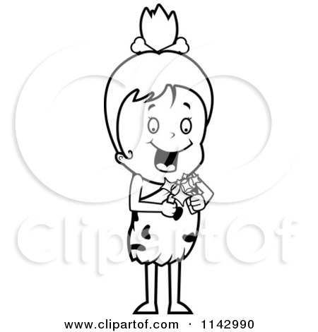 Cartoon Clipart Of A Black And White Cave Girl Using A Flint - Vector Outlined Coloring Page by Cory Thoman